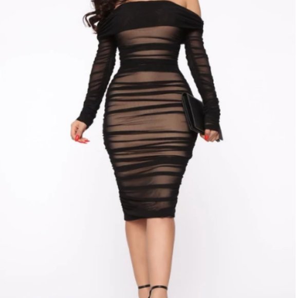 Ruched Off Shoulder Midi Dress - Black - Picture 1 of 3